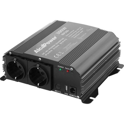 Alcapower Inverter ad Onda Sinusoidale Pura 300W, Ingresso 12V DC, Uscita 230V AC, 2 Prese Schuko, USB 5V 500mA per dispositivi elettronici sensibili
