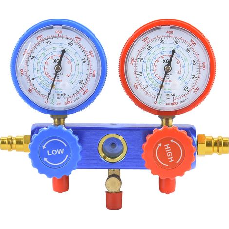 Outil de diagnostic pour climatisation et réfrigération : manomètres à double collecteur, jeu de vannes R22/R134a (1/5)