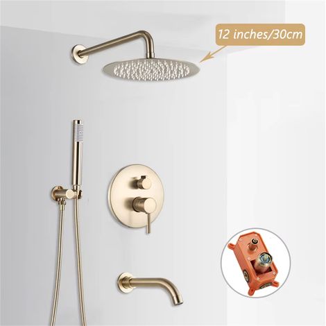 Ensemble de robinetterie de douche : Pommeau de douche mural, mitigeur chaud/froid, douchette à main en laiton (30 cm) (1/5)