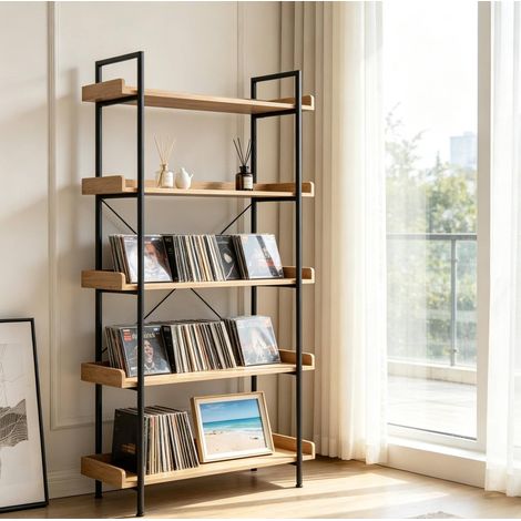 Libreria 91x25.5x173 cm, 5 ripiani per contenere e dividere, design classico, MDF e metallo, rovere chiaro e nero (1/4)
