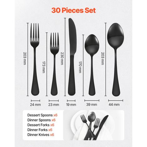 Couverts inox 18/0 30 pcs noirs miroir, couverts table 6 pers lave-vaisselle cuisine maison, set couteau fourchette cuillere (1/5)