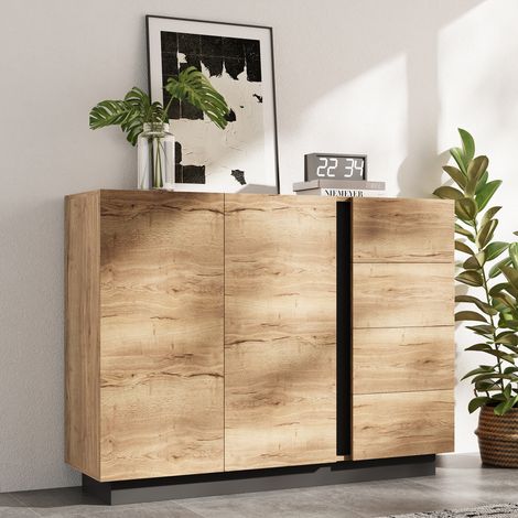 Credenza con 4 cassetti e 2 ante, naturale e nero, 120x35.5x90.5 cm