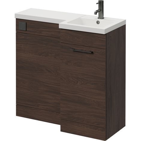 Napoli 390 Brown Oak 900mm Single Door Vanity Unit Toilet Suite with Right Hand Square Lucia Basin - 900mm - Gunmetal Grey 160mm HandleWithout Kingston Toilet Pan