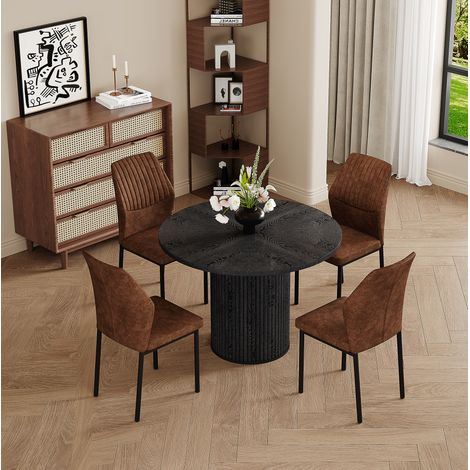 Mesa de comedor redonda de MDF y set 4 sillas en tejido marrón y negro, estilo moderno (1/5)