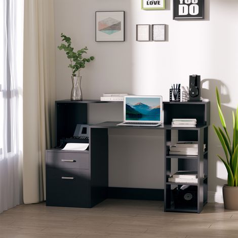 HOMCOM Bureau informatique avec 2 tiroirs. bureau avec rangement. 137 x 55 x 92 cm. étagères ouvertes et tablette d'imprimante. style moderne. table d'ordinateur pour chambre. studio. noir