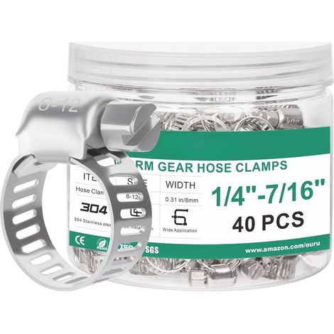 40 Stück verstellbare Edelstahl-Schlauchschellen 1/4" - 7/16" (6-12 mm), Schneckengetriebe-Schlauchschellen, robuste Metall-Schlauchschellen für Kfz-Anlagen, Rohre und Kühlerinstallationen (1/5)