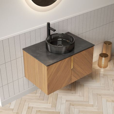 Lavabo mural 76 cm avec cuvette ronde en verre transparent noir, plateau en pierre composite noire, meuble 2 portes en contreplaqué, aspect chêne brun veiné