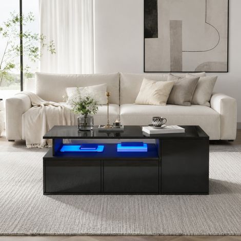 Mesa de centro LED 100x50x35 cm de madera negra con almacenaje FloraGrace (1/5)