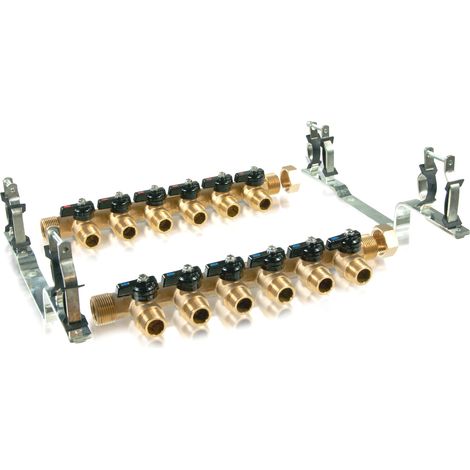 Arcanaute – Kit collecteur pour plancher chauffant 6 circuits – 2 collecteurs mâle 20/27 – 2 femelles 15/21 – 6 mini-vannes monobloc – Bouchons laiton inclus