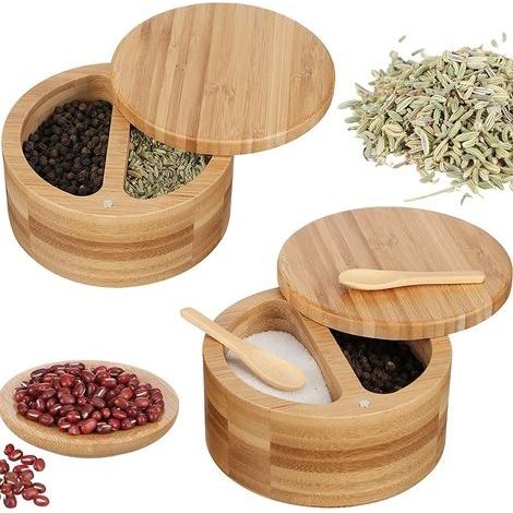 Boîte à épices à 2 compartiments Conteneur d'assaisonnement Sucre Salière Poivre Condiment Boîte en bois Conteneur