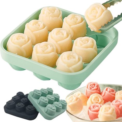 1 Eiswürfelform aus Silikon, 3D-Rosenform, 9 Mulden, Deckel und Trichter, für Cocktails und Getränke (1/5)