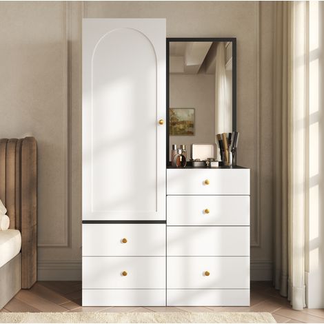Tocador con armario, espejo, cajones y taburete ocultable, MDF negro y blanco HAVRYA (1/5)