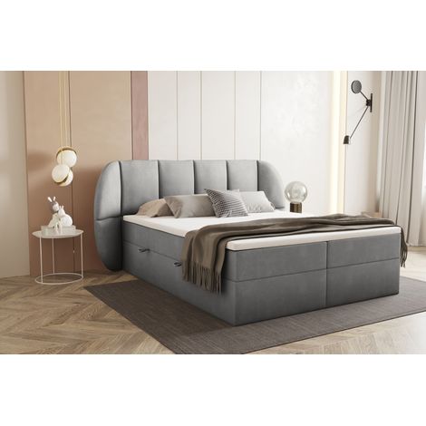 Lit adulte 160x200 cm BILBAO - rembourré avec rangement et matelas – tissu velours - gris (1/5)