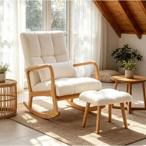 Fauteuil à bascule bouclé blanc 64,5x82x89 cm avec repose-pieds - CHICFURN (1/5)