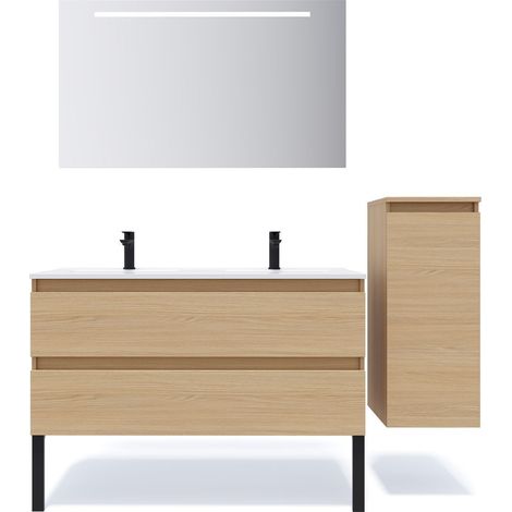 Meuble de salle de bain suspendu double vasque intégrée 120cm 2 tiroirs Chêne clair + miroir + colonne ouverture droite - Hudson (1/5)