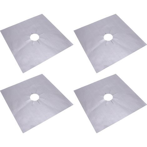 Lot de 4 protège-brûleurs de cuisinière à gaz antiadhésifs en PTFE, 270 x 270 x 0,12 mm, argentés, lavables et réutilisables. (1/5)