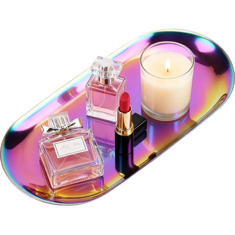 1 Plateau Décoratif Ovale, Acier Inoxydable, Finition Miroir, Bord Surélevé, Pour Cosmétiques Et Bijoux, Salon Et Salle De Bain