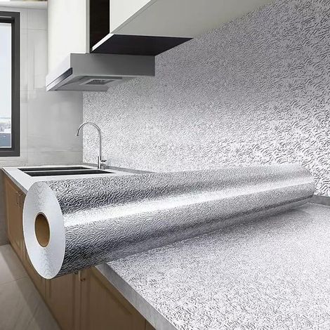 (15,7 po x 197 po)Papier peint autocollant en aluminium imperméable et résistant à l'huile pour la cuisine, bureaux et armoires,amovible (1/5)