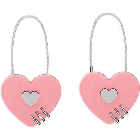 Set of 2 combination padlocks – Heart-shaped portable padlock for backpacks, luggage and jewelry boxes (pink) (1/5)