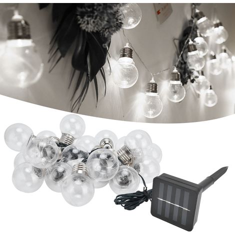 Wasserdichte Solar-Lichterkette mit 20 G50-LEDs für den Außenbereich, ideal für Gärten, Hochzeiten, Urlaub, Villen und Rasenflächen. Weißes Licht. (1/5)