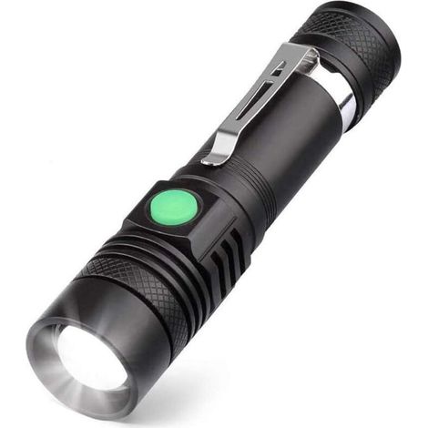 Lampe Torche LED Rechargeable USB, Lampe de Poche 600 Lumens, IP65 Étanche, 4 Modes Eclairage, Lampe de Poche Zoomable pour Ménage, le Camping, La Randonnée, D'urgence (Batterie Incluse) (1/4)