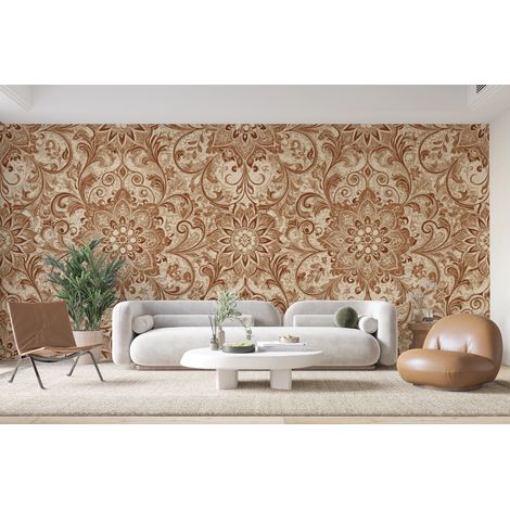 Papier peint rétro - tapisserie fleurie marron et or - 150 x 250 cm (1/2)