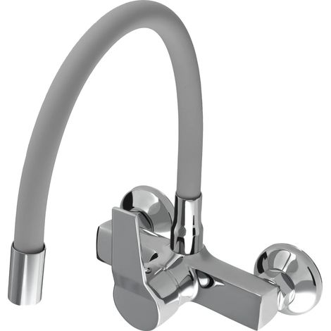 Grifo de cocina, latón con acabado cromado, altura regulable hasta 25 cm, caño giratorio de 360 grados, montaje en pared, disponible en 3 colores. (1/5)