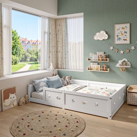 Superaly - Lit au sol Montessori 140x200cm, Protection antichute, Cadre en pin massif blanc, Lit simple avec sommier à lattes, Adapté aux filles et aux garçons, Écologique (matelas non inclus). (1/5)