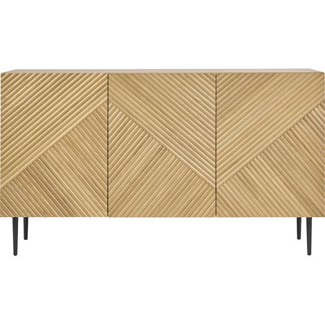 Design-Sideboard aus heller, massiver Eiche mit Gravur und schwarzem Metall, 3 Türen, B135 cm ARCHIPEL (1/5)