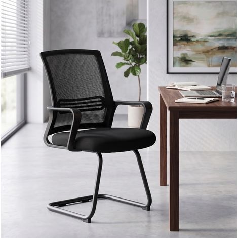 Silla de oficina ergonómica sin ruedas, lote de 2, respaldo de malla, base trineo, negra HAVRYA (1/5)