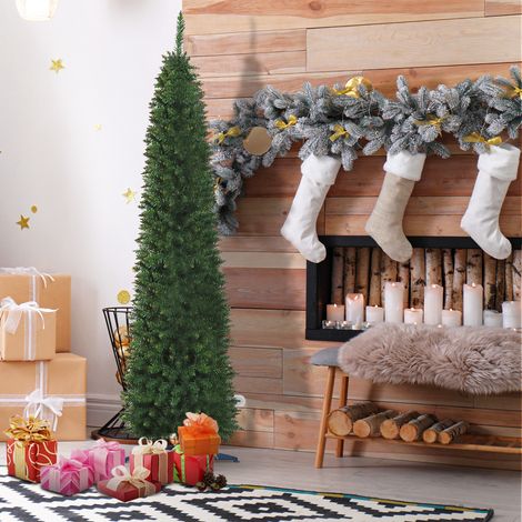 Árbol de Navidad Artificial Estrecho 210 cm con 499 Ramas y Base Desmontable Fácil de Montar Verde (1/5)