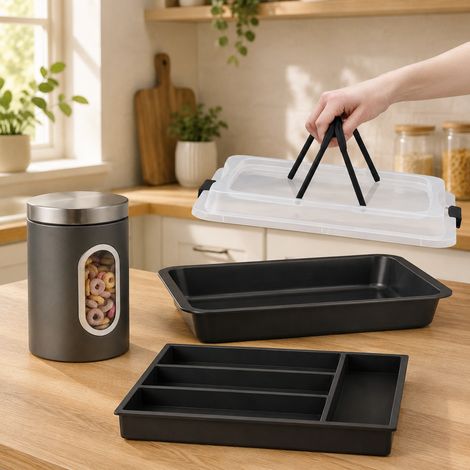 Juego de cajones de cocina de bambú (3 piezas): bandeja para cubiertos, caja hermética y bandeja antiadherente (1/5)