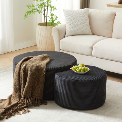 Set de 2 tables basse rondes en tissu rembourré, noire, sans montage, REDOM (1/5)