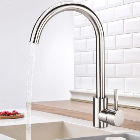 Mitigeur Évier avec Bec Haut Mitigeur Cuisine à poignée unique Robinet de Cuisine, Froid & Chaud Disponible, installation et nettoyage facile, Acier Inoxydable, Forme en C(Argent) (1/5)