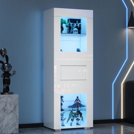 Armoire vitrine 60 x 40 x 170 cm, vitrine avec porte en acrylique, finition brillante, meuble de rangement avec éclairage LED, 2 étagères en verre, meuble haut, meuble de salon, blanc (1/5)