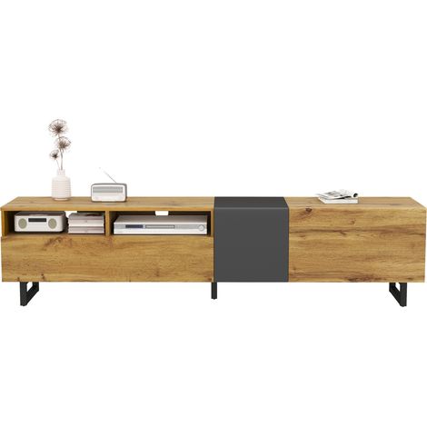 Meuble TV coloris bois clair et gris foncé, 3 portes, 2 niches ouvertes, abattant sécurisé, pieds métal noir, style rétro pratique pour salon CHICFURN (1/5)