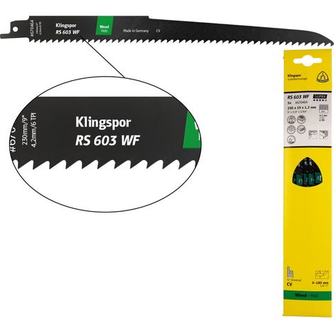 Klingspor RS 603 WF Säbelsägeblätter, 230 x 19 x 1,2 mm Nutzlänge 210Crom-Vanadium, gefräst, geschränkt , 6 Zähne pro Zoll, SB-verpackt im Karton
