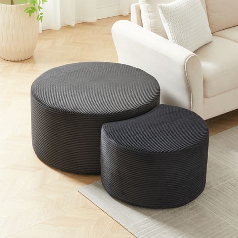 Tavolo da caffè set 2 pezzi in tessuto nero, rotondo, pouf e tavolino senza montaggio (1/5)
