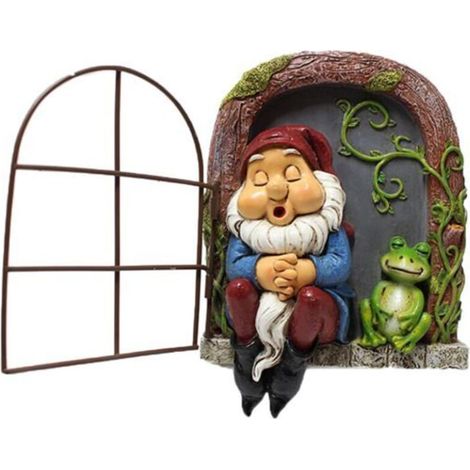 Whimsical garden gnome statue, elf peeking from a door, sleeping gnome sculpture, garden decor, patio art, courtyard. (1/5)