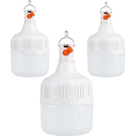 Lot de 3 lampes de camping LED rechargeables par USB - Lampe de tente super lumineuse - 3 modes d'éclairage - 30 W - Lampe de camping avec crochet