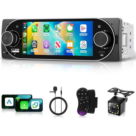 1 Din Autoradio avec CarPlay/Android Auto sans Fil, Poste Radio Voiture Bluetooth Mains Libres 6,86 Pouces IPS Tactile écran Single DIN MirrorLink FM/EQ/AUX/USB/SWC/Type-C avec Caméra (1/5)