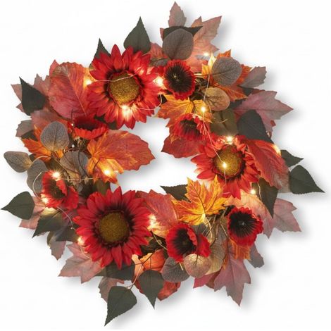 Decorative Floral Wreath, Wall Wreath, Flower Wreath, Door Wreath, Autumn Wreath, Circular Ring, Sunflower and Dark Red Eucalyptus Wreath with Lights +2 (1/5)