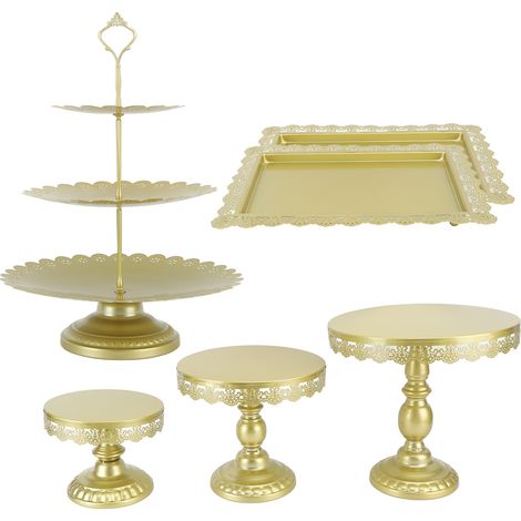 6-teiliges goldenes Tortenständer-Set aus Eisen, exquisiter Retro-Hochzeitstortenständer mit Tabletts für Cupcakes, Muffins und Kuchen (1/5)