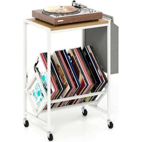 Support platine vinyle sur roulettes, meuble de rangement disques vinyles avec porte-revues, pour amateurs de vinyles (1/5)