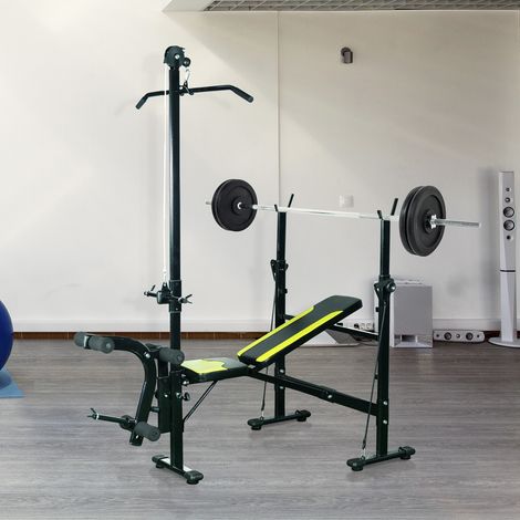 Banc de musculation Fitness entrainement complet dossier réglable cordes traction curler supports barre et haltères noir et jaune (1/5)