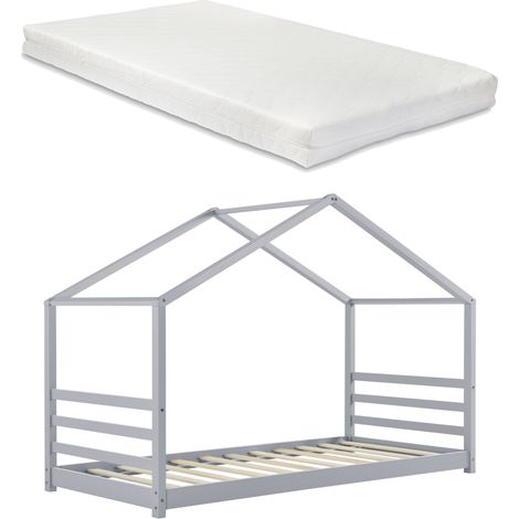 Letto a soppalco per bambini fatto in casa con materasso e rete a doghe in legno di pino grigio 200 x 90 cm 030005534