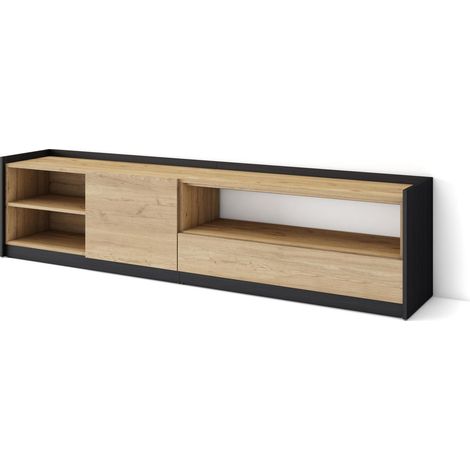 Skraut Home - Meuble TV, Banc Télé, 207x37x50cm, Pour les TV jusqu'à 80", Chêne et noir (1/5)
