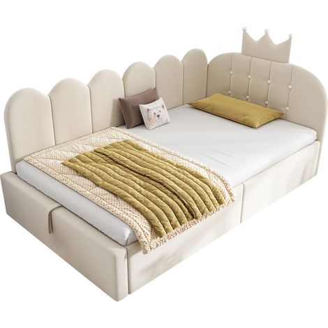 CHICFURN Lit banquette coffre 90 x 190 cm en velours beige, L-forme réversible, design couronne et grille, lit d'appoint avec relevage hydraulique, sans matelas (1/5)