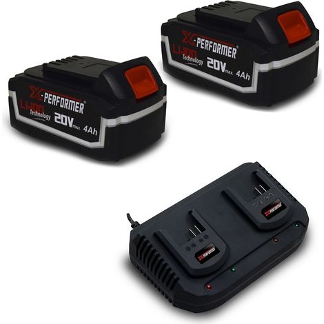 Pack 2 Batterie CONCEPT 20V Lithium 4 Ah pour la gamme d'outils Electro-portatifs X-PERFORMER + Double Chargeur
