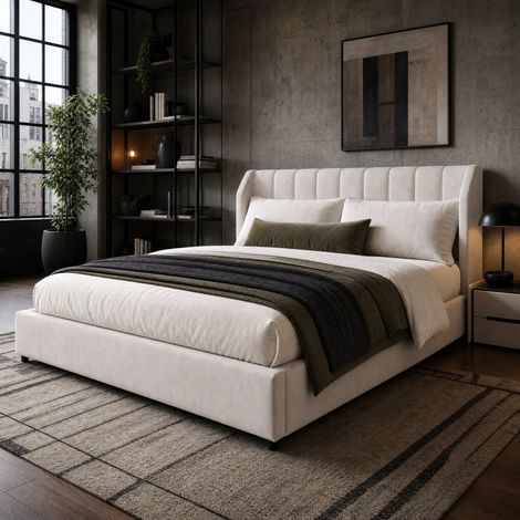 Cama plataforma tapizada 180 x 200 cm con somier de láminas, beige DESVIAE (1/5)